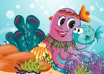 Afwasbaar Fotobehang Onderwaterwereld octopus en blauwe vis