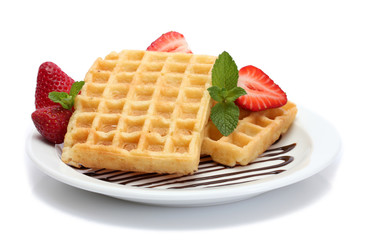 belgium waffles with strawberries and mint