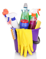 Cleaning items in bucket isolated on white
