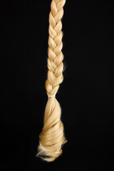 Blond hair braided in pigtail isolated on black