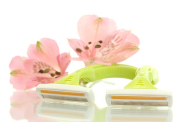 woman safety shavers and flowers isolated on white.