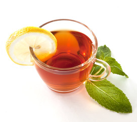 Cup of tea with mint and  lemon