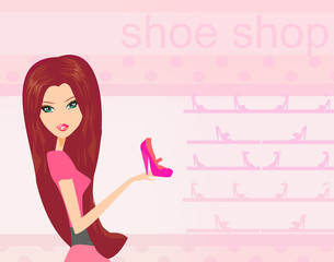 Fashion girl shopping in shoe shop vector illustration