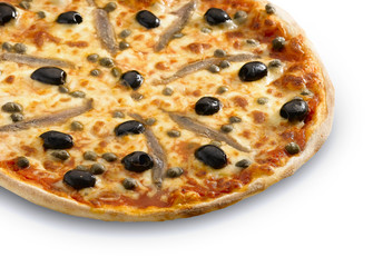 A  pizza Napoli on a white background