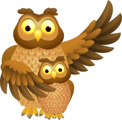 Naklejka premium Mother owl with baby owl