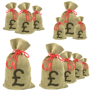 Bags Of Money With Pounds Currency On A White Background