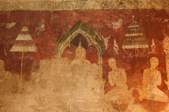 Ancient mural painting on the church wall of Buddhism Chapel.