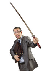 Businessman with sword on white