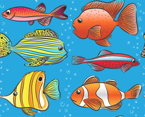 Fototapeta premium Seamless blue pattern with color fishes