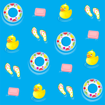 Seamless Pattern with Blue water, pink soap and yellow duckling