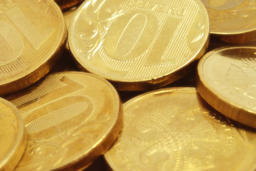 Close-up view of Russian ten-ruble coins