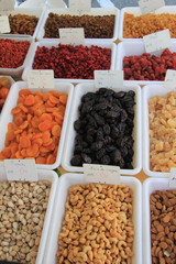 nuts, raisins and dried fruit on a french market