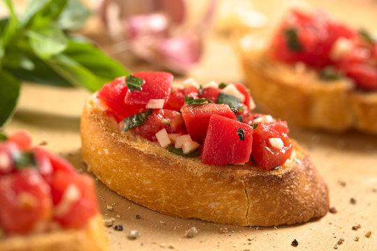 Crispy Italian antipasto, Bruschetta with tomato and garlic
