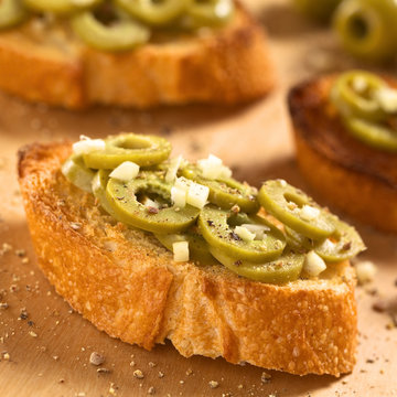 Crispy Italian antipasto, Bruschetta with olive and garlic