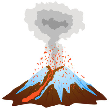 Volcano mountain eruption with lava flow and snow