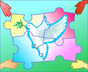 These hands of nationalities put together puzzle the symbol