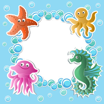 Baby background with funny sea animals in bright tones