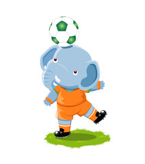 A cute and playful cartoon elephant wearing an orange soccer uniform, balancing a soccer ball on its head while standing on a grassy field