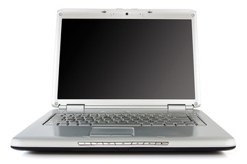 silver laptop  with black screen