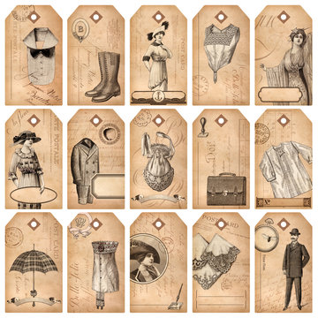 vintage tags: fashion & accessories - set of 15 detailed designs