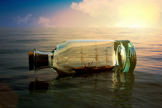 Ship in a bottle at sea concept