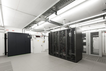 conditioned  computer server room environment with racks - obrazy, fototapety, plakaty