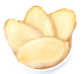 Sliced ginger root in a plate, isolated on white background