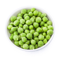 Fresh green peas the plate on white background