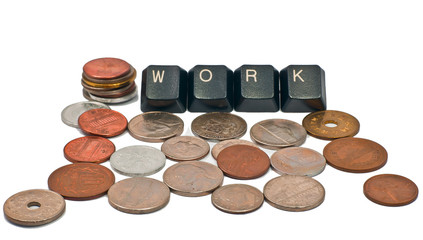 Old coins and  keyboard button isoleted white