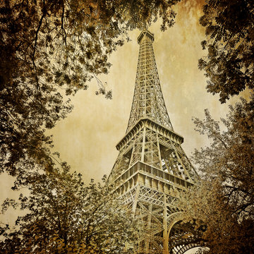 Fototapeta Eiffel tower and trees monochrome vintage