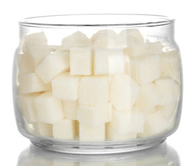 Jar with white lump sugar isolated on white