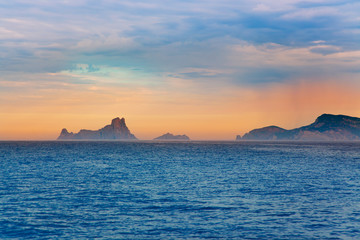 Ibiza sunset in Balearic islands view from sea