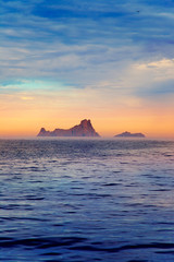 Ibiza sunset in Balearic islands view from sea