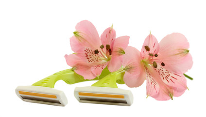 woman safety shavers and flowers isolated on white.