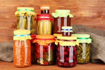 Jars with canned vegetables and fruit
