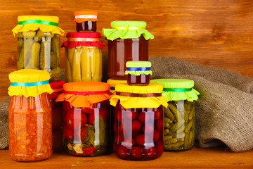 Jars with canned vegetables and fruit