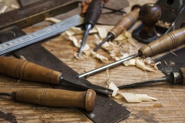 joiner tools on wood table background