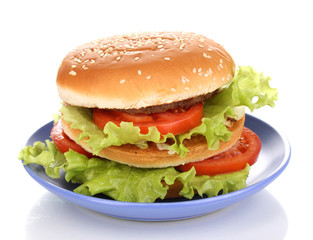 Big and tasty hamburger on plate isolated on white