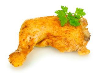 roasted chicken leg with parsley isolated on white