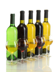 bottles and glasses of wine isolated on white