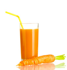 glass of carrot juice and fresh carrot isolated on white