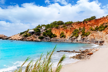 Cala d Hort Ibiza beach with traditional wood mooring