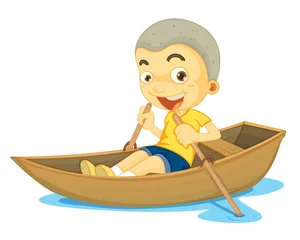 Stickers meubles Rivière, lac un garçon dans un bateau