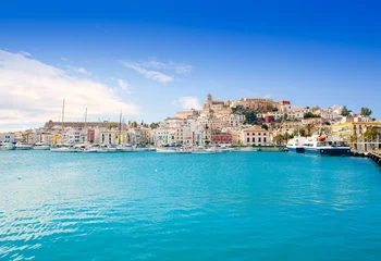 Poster Eivissa Ibiza town with church under blue sky © lunamarina
