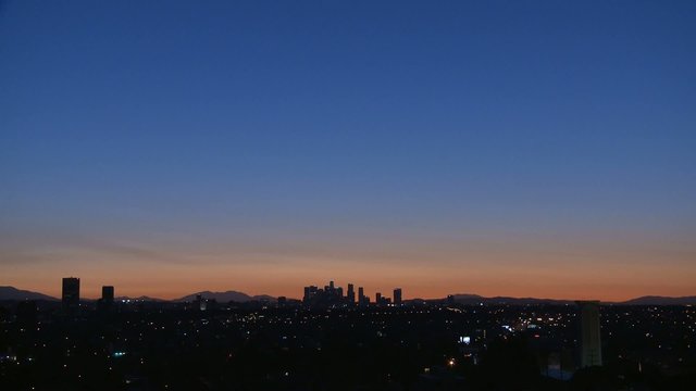 Sunrise of Downtown Los Angeles skyline with heat haze