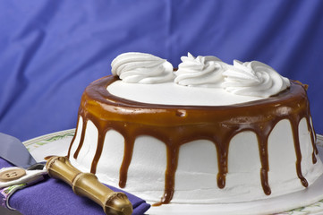 Cream cake with caramel  on colored background