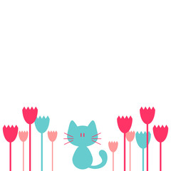 Pretty greeting card with flowers and kitten