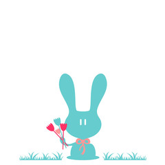 Cute greeting card with bunny holding flowers