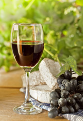 Red wine, Camembert, Brie and grape on the table, outdoor