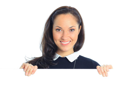 Business woman showing blank sign board